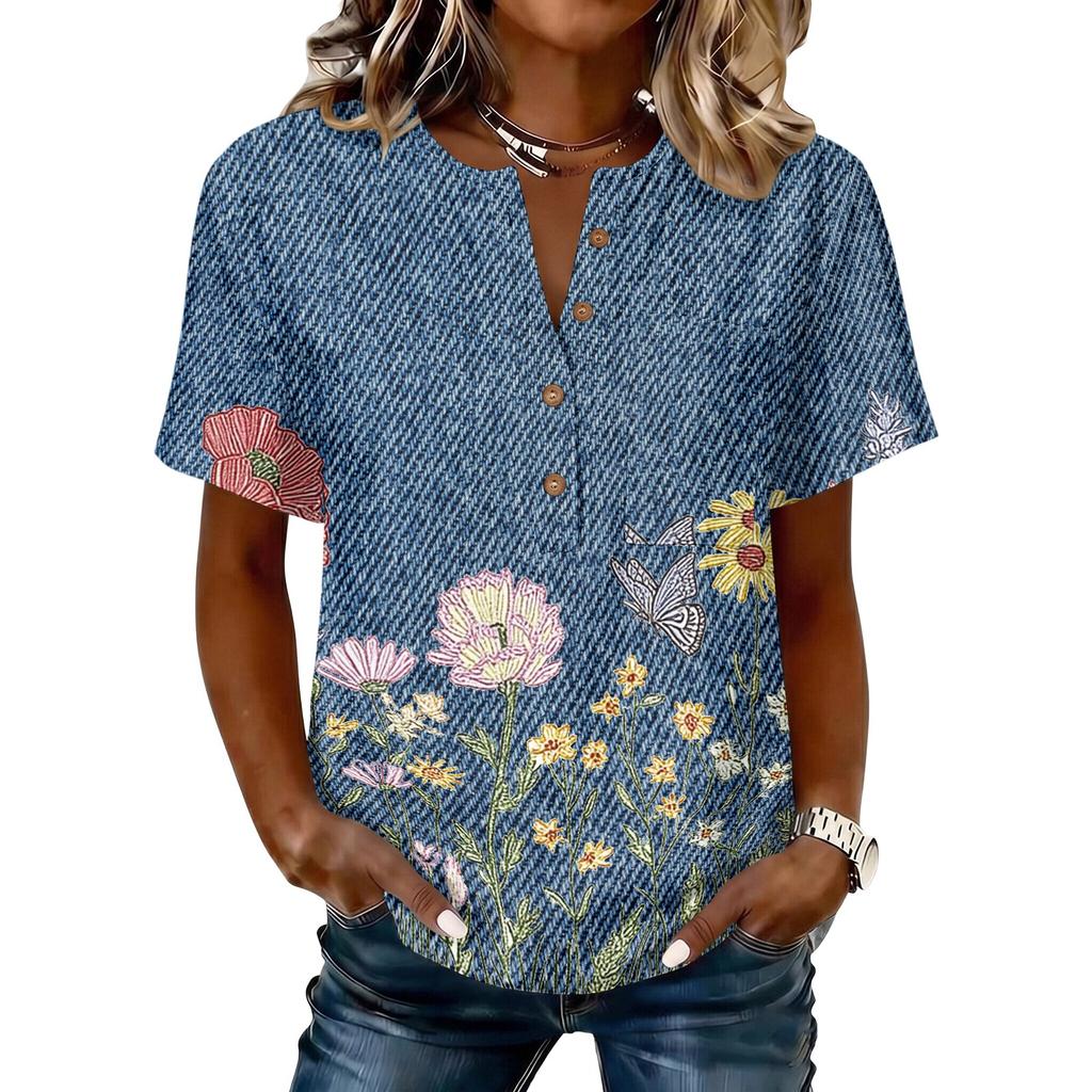 Women's Vintage Floral Print Henley Button Neck Short Sleeve Shirt Lightweight Cotton Linen Blend Casual Top for Everyday Wear