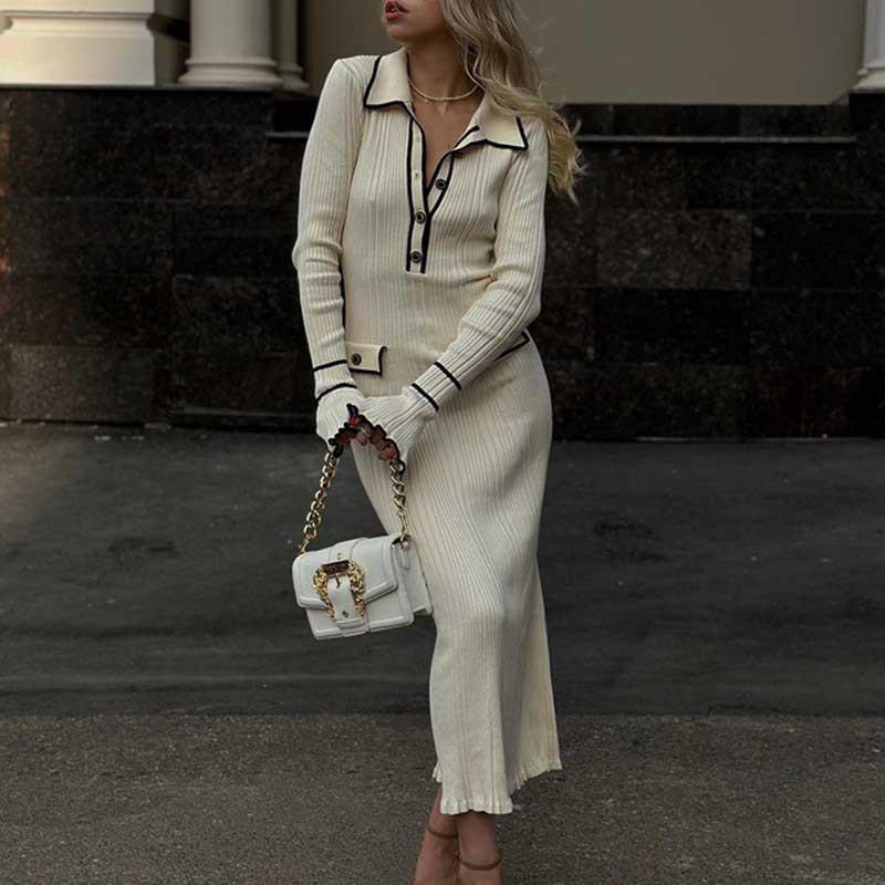 European-American Luxury Ruffled Knit Dress: Autumn Mid-Length with Lapel & Trumpet Sleeves