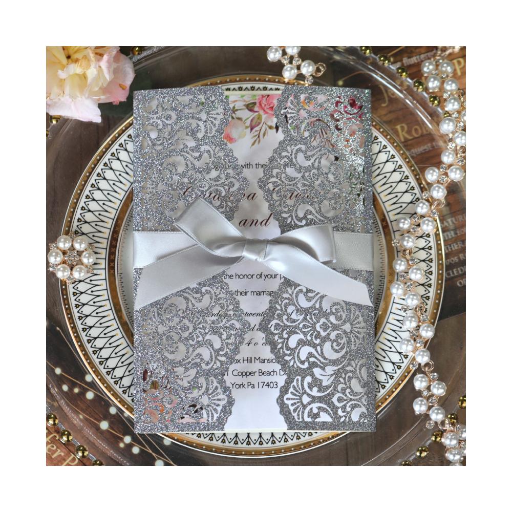 10 Stück Glitzer Einladungskarte mit Band Grußkarten Hochzeit Mariage Einladung Party Taufe Bar Mitzwa Party Dekoration