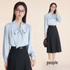 Women's White Ribbon Long Sleeve Shirt and Skirt Set - Autumn/Winter Professional Blouse for College & Interviews