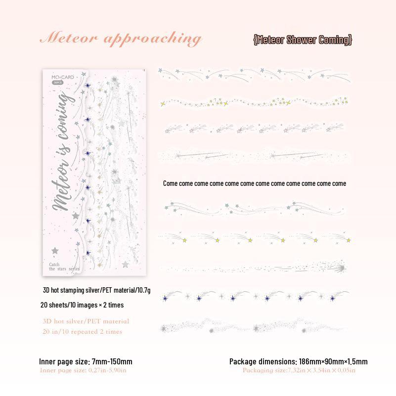 

MomoPET 3D Silver-White Ink Sticker Pack: Star Catching Series Long Strip Journal Decor
