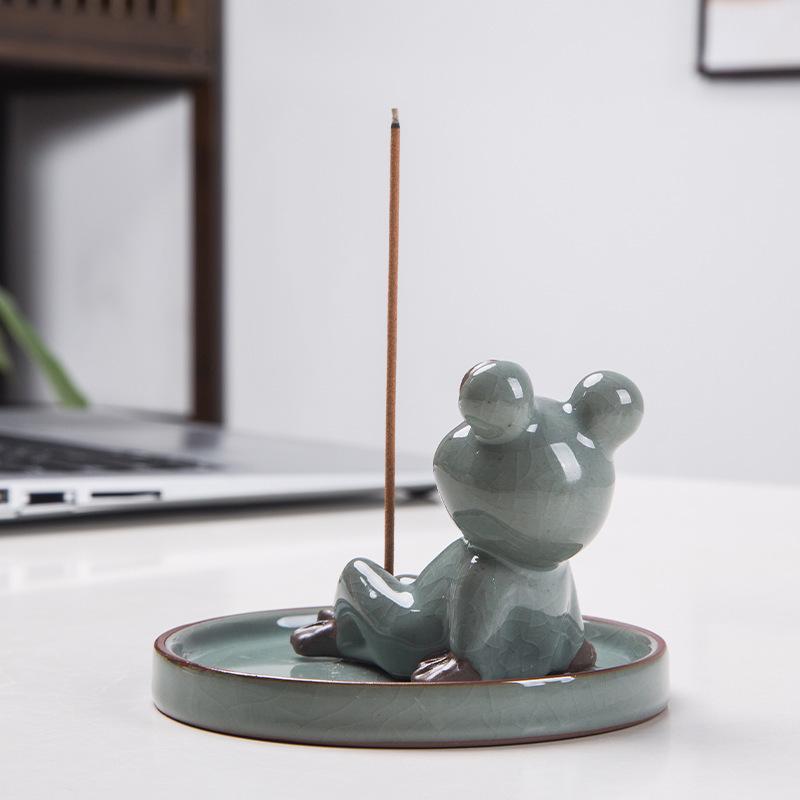 Zen Frog Ceramic Incense Burner and Holder - Ge Kiln Style for Home or Office Decor