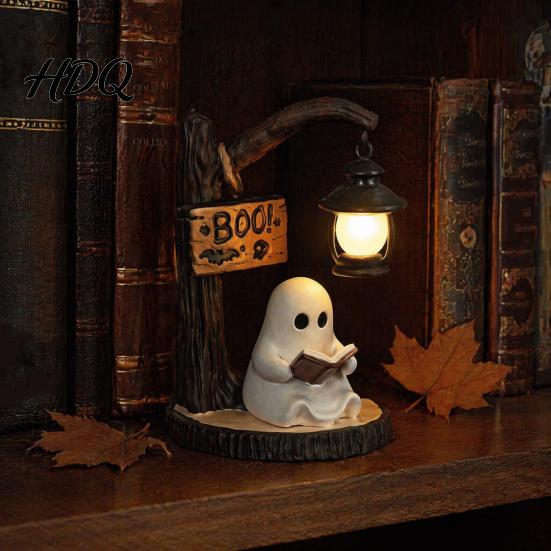Warm Light Fireplace Decoration Halloween Hanging Ghost Night Resin Figurine, Vintage Farmhouse Glowing Tabletop Ornament, Decorative Shelf