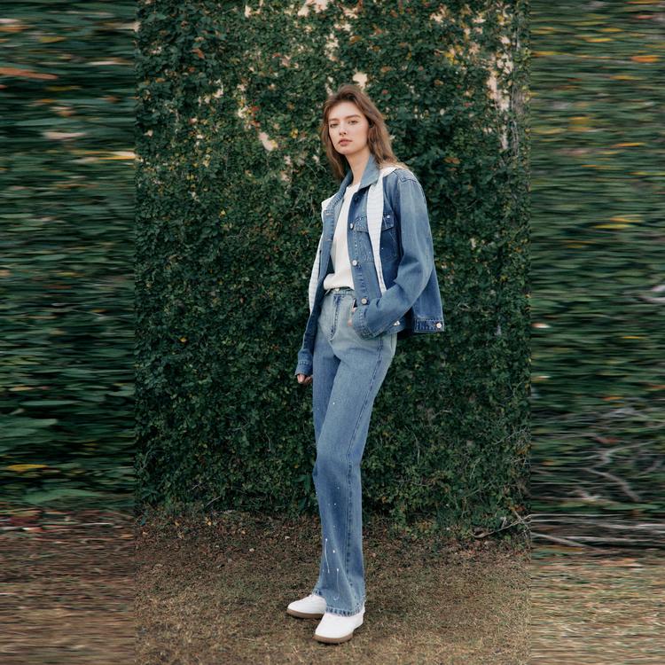 ELLE French Modern Design Ink Splash Lapel Long Sleeve Cropped Jacket Women jackets Blue EF50360