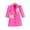 Girls Fashion Suit Collar Dress Rose Pink Puff Sleeves + 3D Flowers Sweet Dress for Older Children