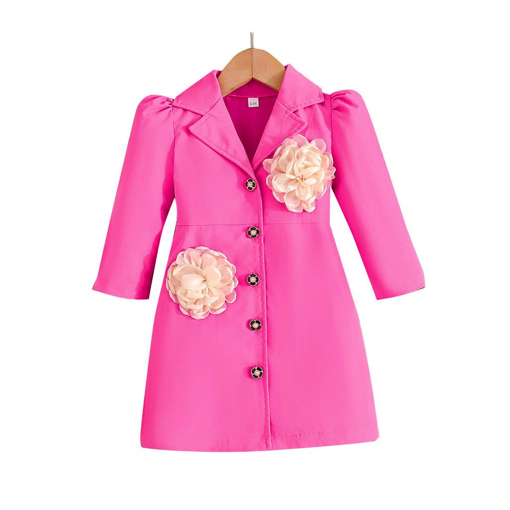 Girls Fashion Suit Collar Dress Rose Pink Puff Sleeves + 3D Flowers Sweet Dress for Older Children