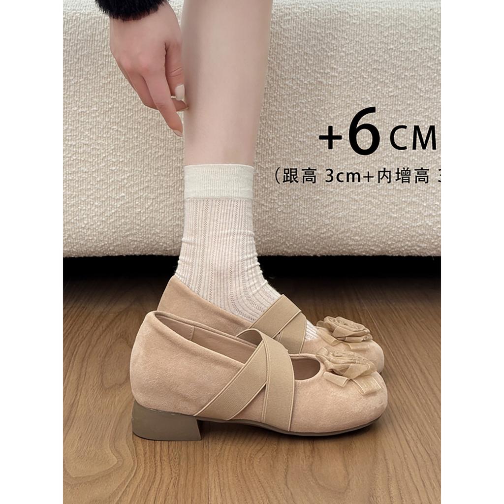Red retro French thick heel light mouth single shoes 2025 spring and autumn with skirt height-increasing low-top Mary Jane shoes