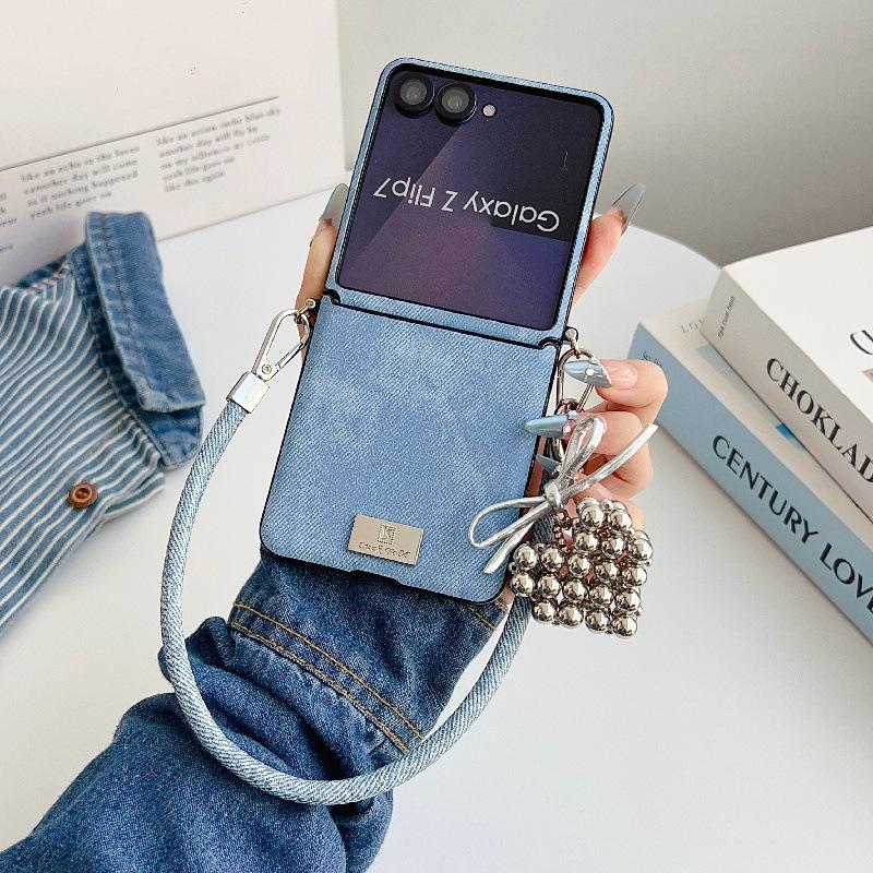 Samsung Z Flip7 Case: Stylish Denim Texture, Drop-Proof, Foldable Screen Protection, Anti-Lost Wrist Strap, Lanyard Included.