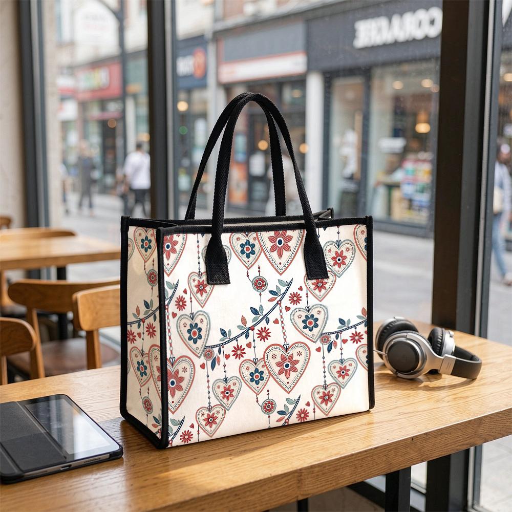 Boho Heart Floral Print Casual Tote Bag for Women Lightweight Shoulder Handbag for Daily Commute Shopping