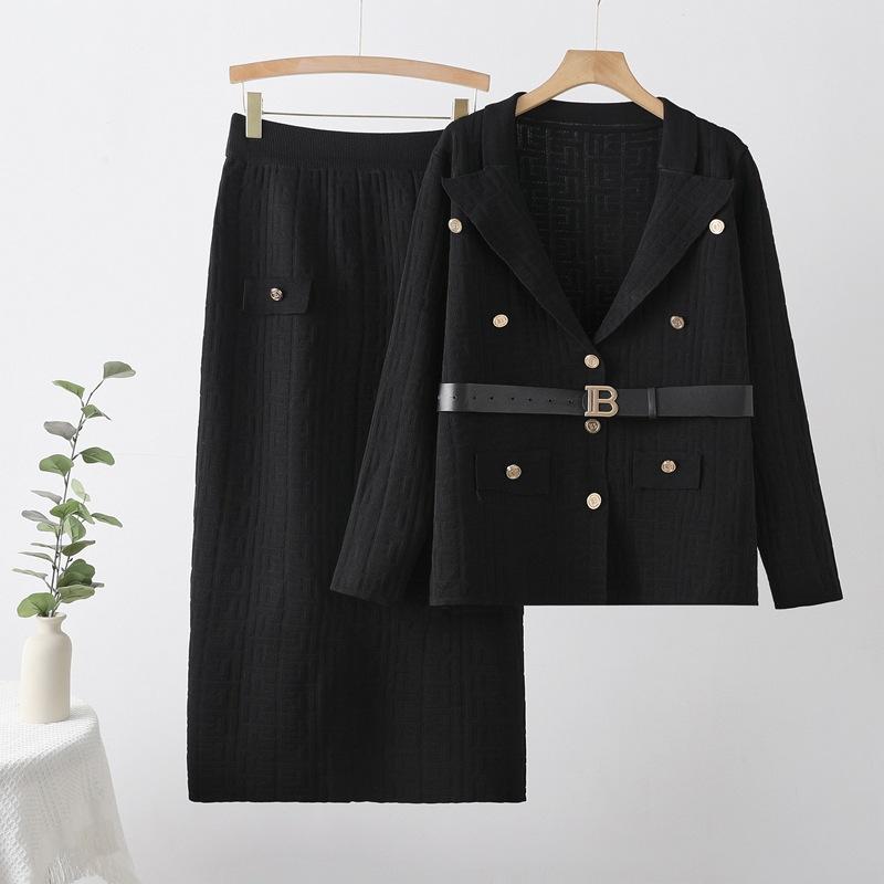 Autumn Winter Women Designer Knitted Sweater Two Piece Set Blazer Collar Cardigans Coat and Long Maxi Sheath Skirt Outfits With Belt