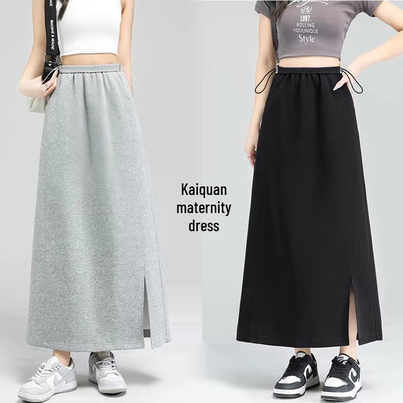 Spring 2026 Maternity High-Waisted Split Midi Skirt with Adjustable Drawstring XL