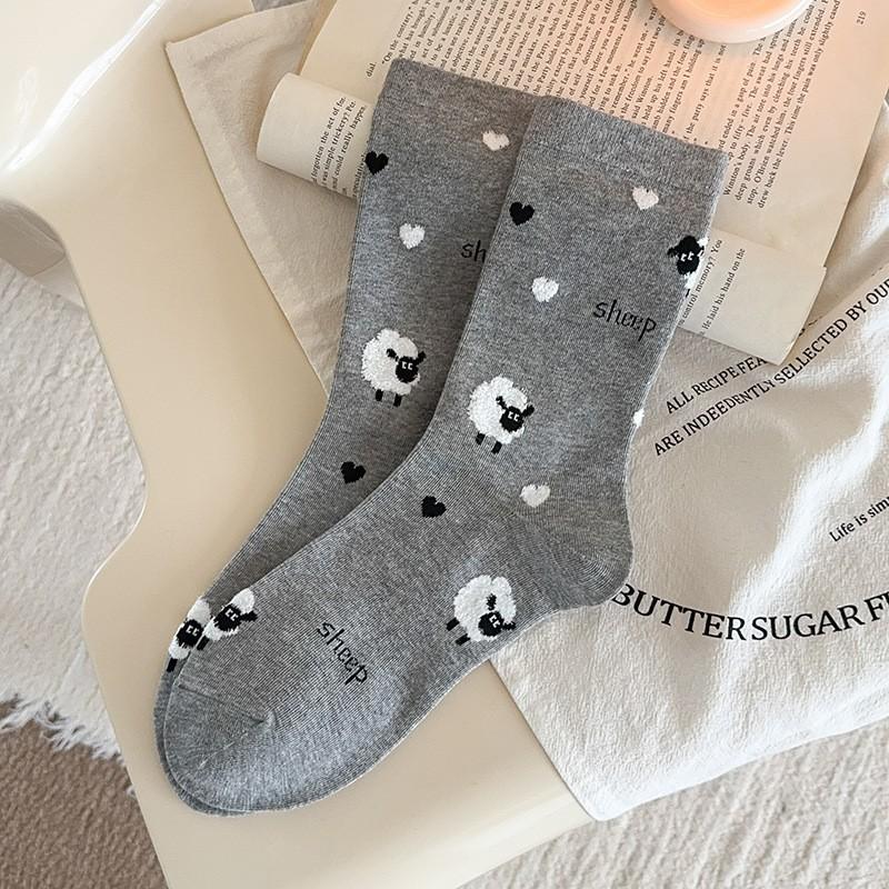Socks Pure Cotton Tube Socks Season Flocking Sheep Cartoon Cute Cotton Sweat-Absorbing Deodorant Stacking Socks