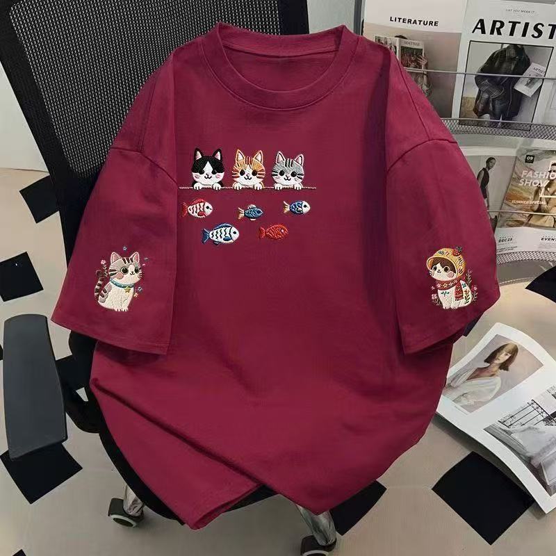 Women's Short Sleeve Tee Round Neck Japanese Korean Style Cartoon Cat Print Cotton Casual Top