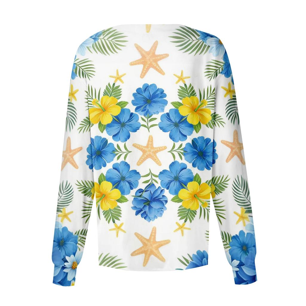 Women's Casual Long Sleeve Single Breasted Hawaiian Floral Print Nurse Jacket Cardigan Top Lightweight Comfortable Workwear