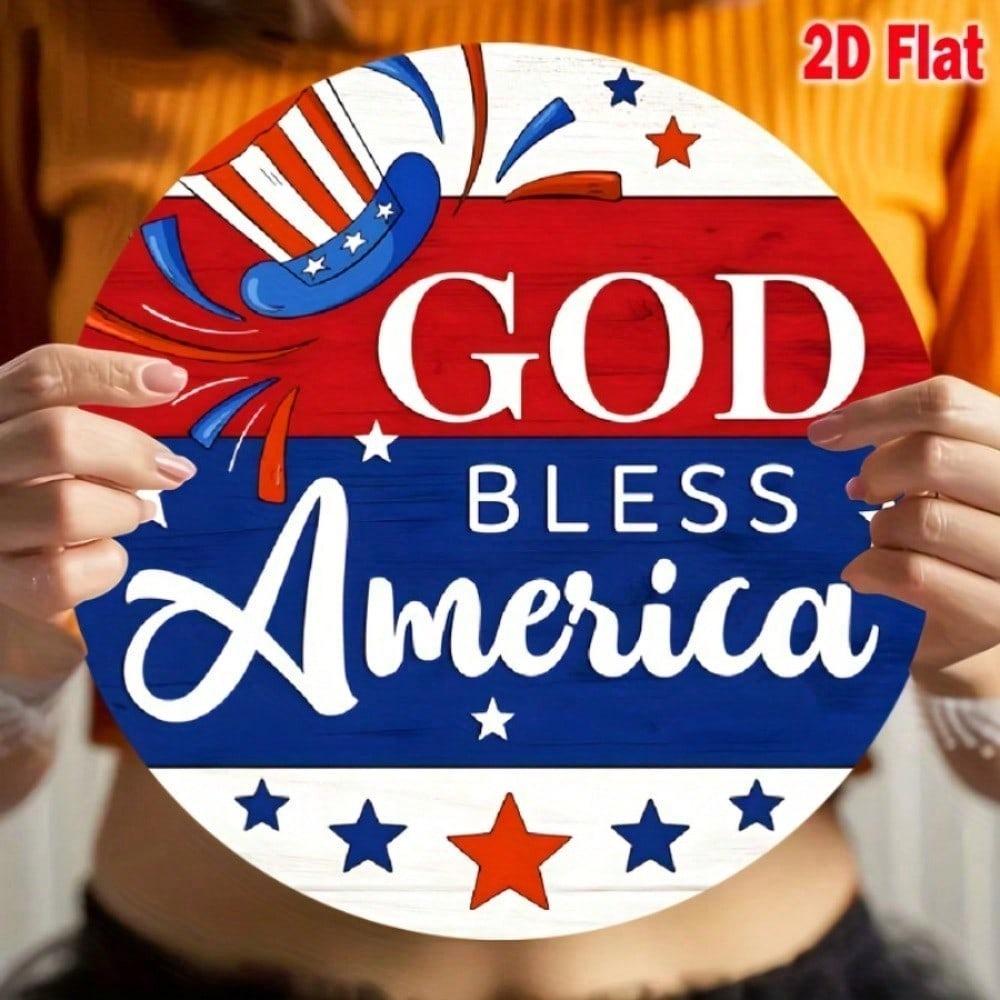 God Bless America Patriotic Metal Sign Vintage USA Flag Round Iron Wall Decor 8x8 Inch Stars Stripes Garden Yard Ornament