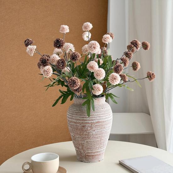 Artificial Pompon Mum, 5 Heads Faux Mini Chrysanthemums Ball, Small Fake Flower Stem for Vase Filler, DIY Bouquet, Autumn Table Centerpiece, Flower