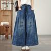 Plus Size Spring Autumn Women Vintage Jeans High Waist Blue Floral Print Baggy Denim Trousers Retro Casual Loose Large Size Chic Jeans With Pockets