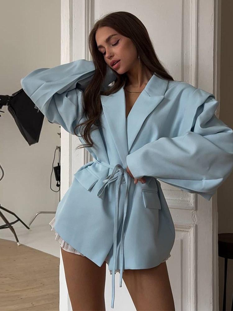 Women's Tie-Waist Padded Shoulder Suit Jacket - European & American Style, Elegant Commuter Blazer