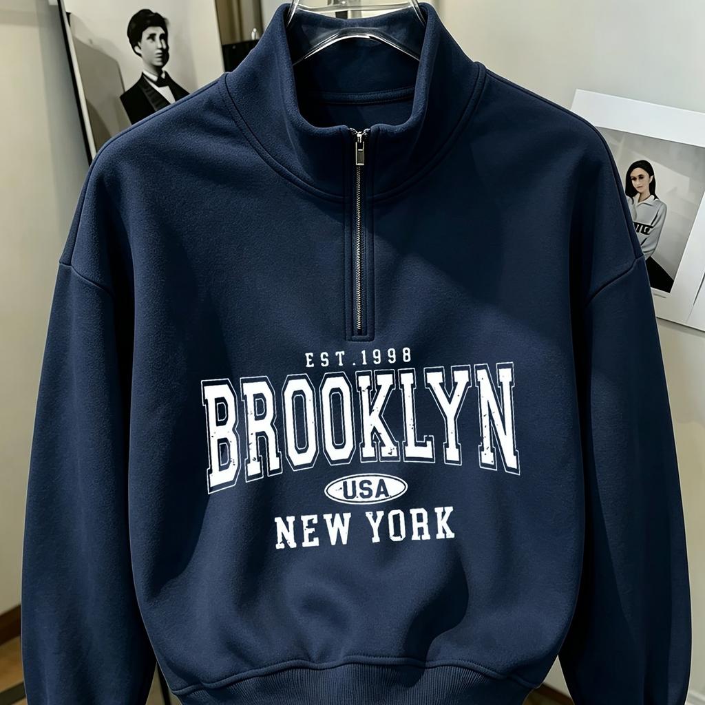 Autumn and winter women's stand-up collar half-zip drop shoulder loose fit sweatshirt trendy best-selling prints