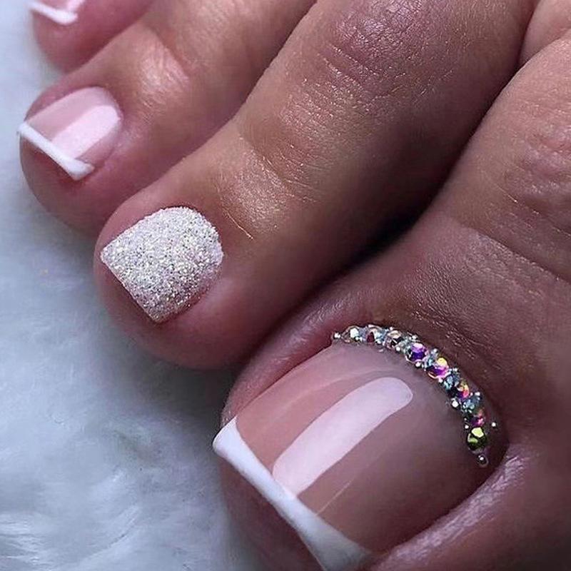 24 Pcs Glossy Toe Nails Red Shiny Glitter False Nails With  Artificial Manicure Reusable Fake Nails For Women