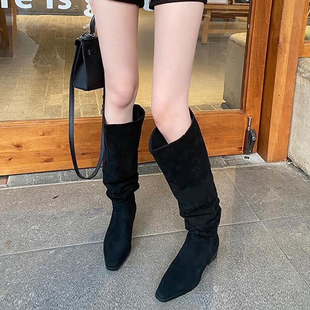 Big Tube Circumference Piled Boots Wrinkled But Knee Boots Women's Autumn and Winter Thick Heel Heightening Knight Boots Maillard Western Boots