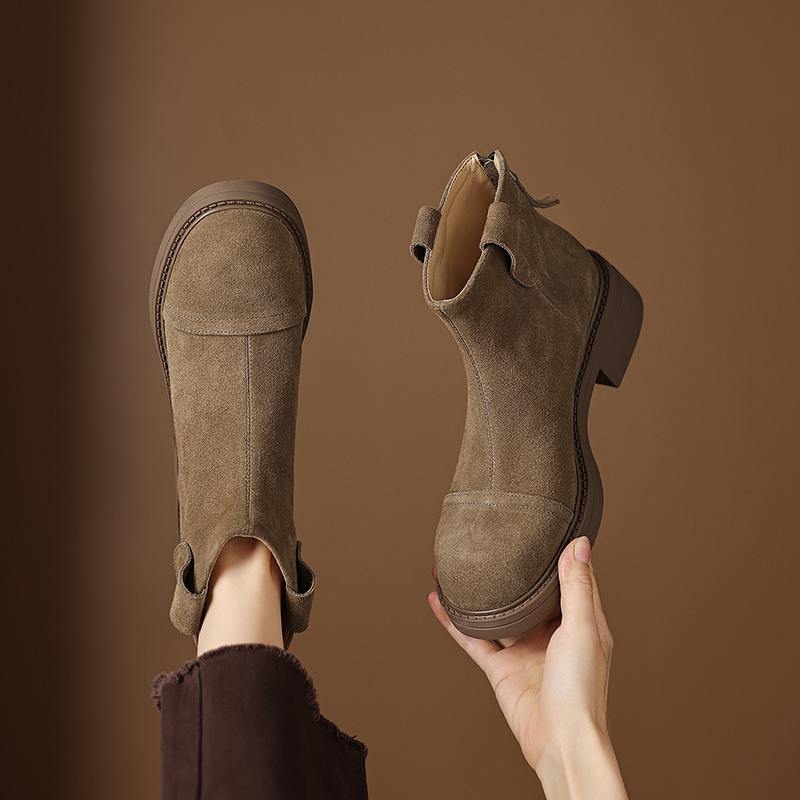 Krazing Pot Krowi Zamsz Nubuk Zima Okrągły Nosek Nowoczesne Kozaki Średni Obcas Zamek Błyskawiczny Styl Punk Damskie Botki