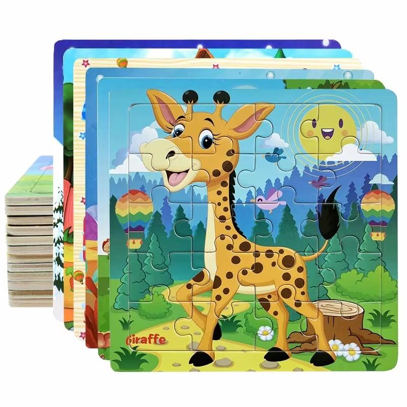 New 20 Piece Wooden 3d Puzzle Cartoon Animal Vehicle Jigsaw Puzzle Montessori Educational Toys For Kids Baby 1 2 3 Years