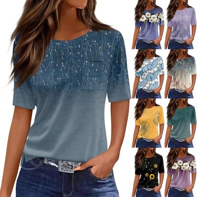 T Shirts For Women Pleated Round Neck Dressy Casual Blouses Printing Short Sleeve Summer Tops Loose Fit