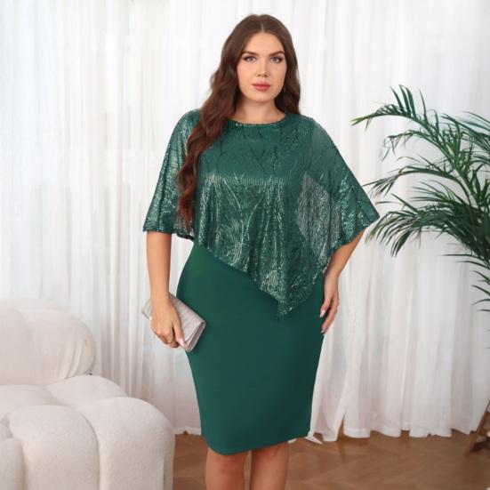Women's Sleeveless Cape Dress with Sequin Overlay Oversized Sequin Bodycon Pencil Dress