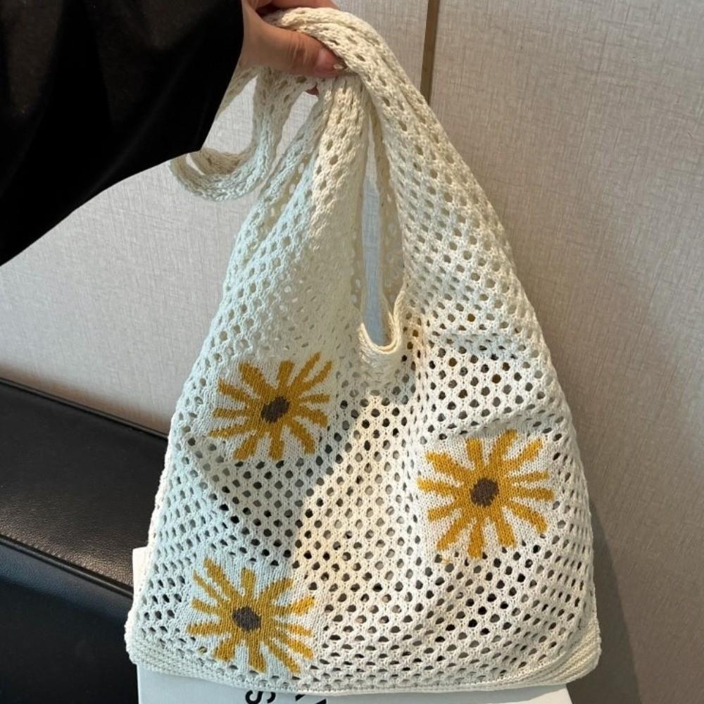 Large Capacity Beach Knitting Bag Flowers Pattern Hollow Shoulder Bag Crochet Tote Bag  Office