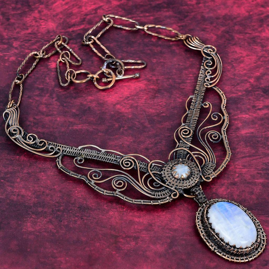 Rainbow Moonstone Necklace Adjustable Chain Necklace Copper Wire Wrapped Jewelry