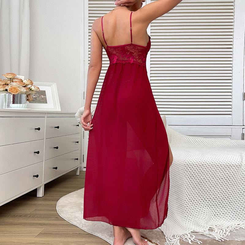 Lingerie de Casamento Sexy de Renda Mulheres Suspensórios Camisola Erótica Malha Longa Fenda Transparente Babydoll Adulto Transfronteiriço Fantasias