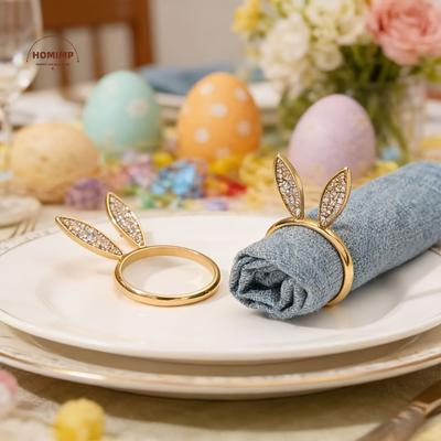 6 Stück 3D Ohr Osterhase Kopf Serviettenring Legierung Glänzend Hasenohr Serviettenhalter Diamantbesetzt Dekorativer Serviettenring