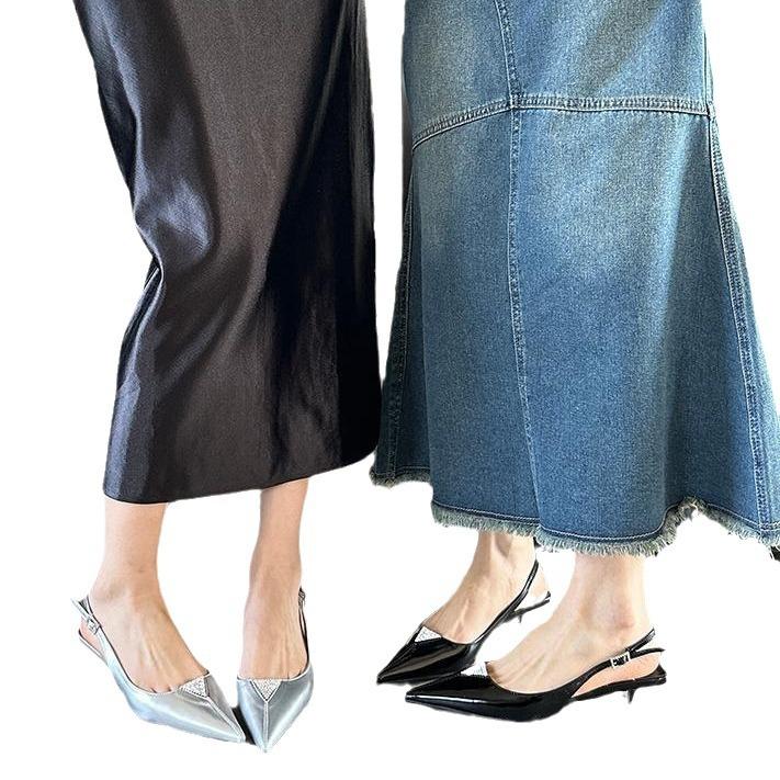 Spring and summer pointed rhinestone bag head empty sandals female cat heel rhinestone high heels single shoes