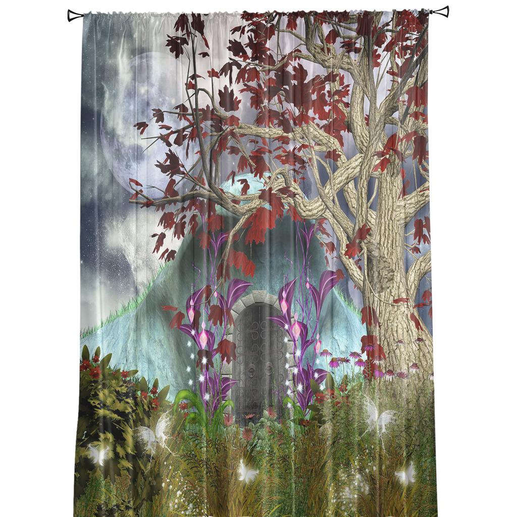 Cartoon Tree House Moon Sheer Curtains Living Room Window Tulle Curtains For Bedroom Kitchen Home Decoration Voile Drapes