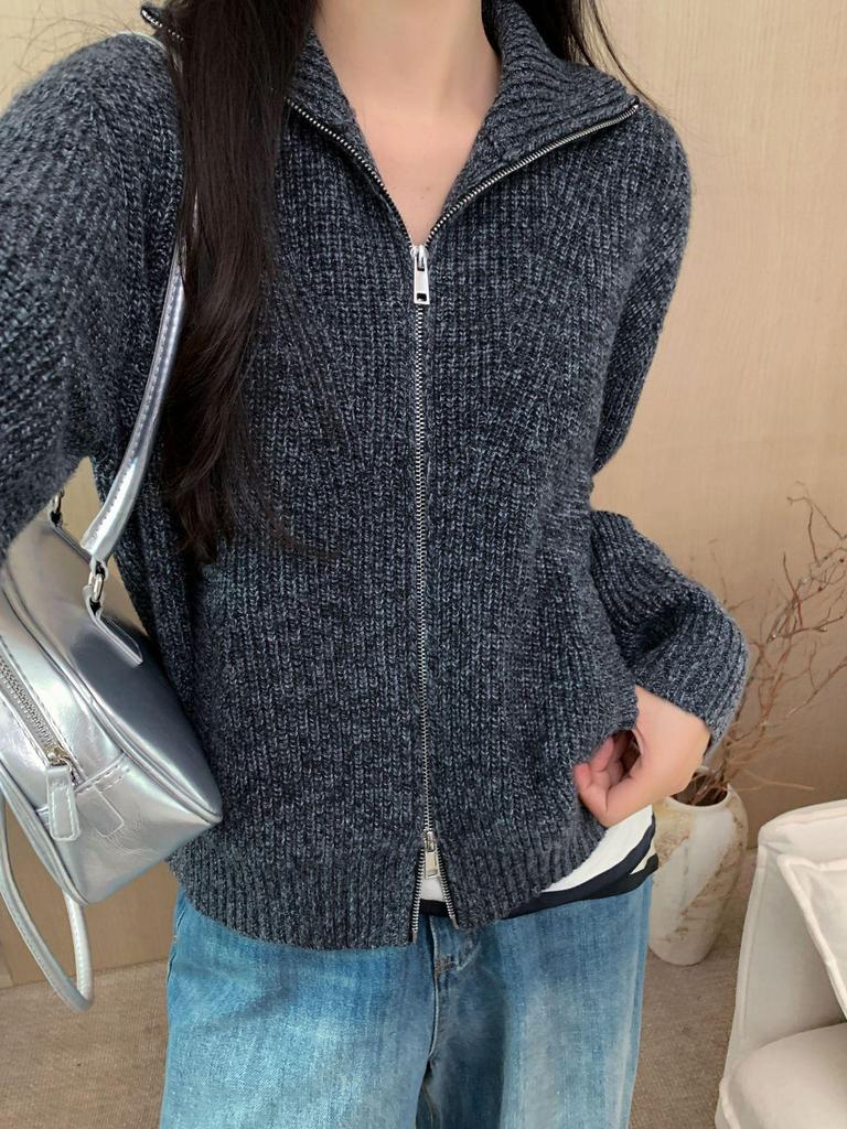 Women's Thickened Wool Sweater Coat with High Collar and Double-Headed Zipper