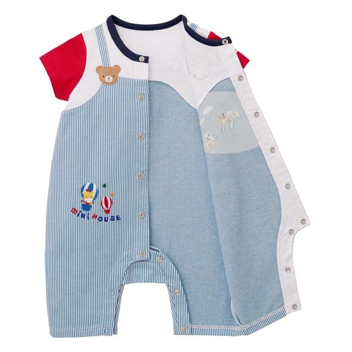 Short All Short Made in Baby Baby Blue [MIKI HOUSE] Rompers, Sleeves, 3/4 Length, Border, Bear, Japan, Boys, Babies, Kids, Clothes, Children's