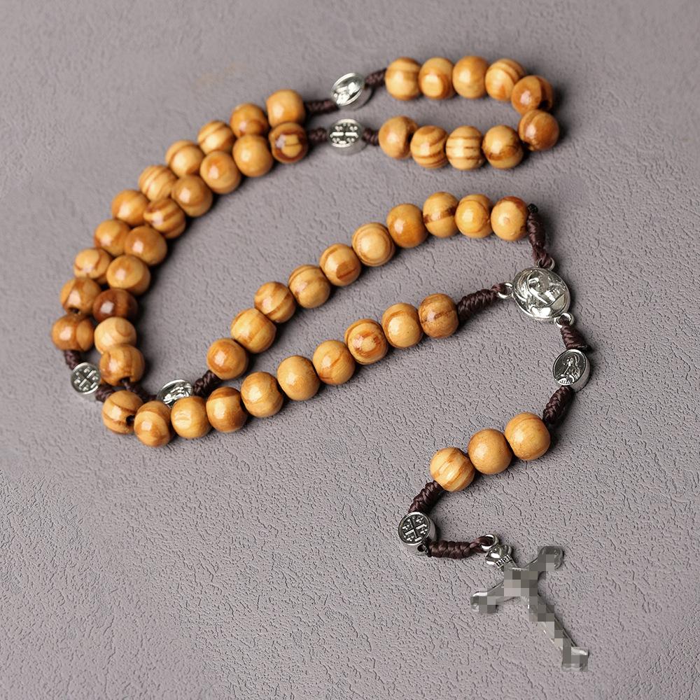 Natural Pine Wood Bead Rosary with Holy Land Pendant & Cross