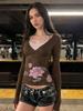 French girly neck strap floral print fake two-piece T-shirt slim and thin autumn new long-sleeved top