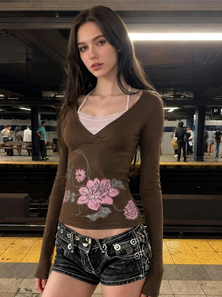 French girly neck strap floral print fake two-piece T-shirt slim and thin autumn new long-sleeved top