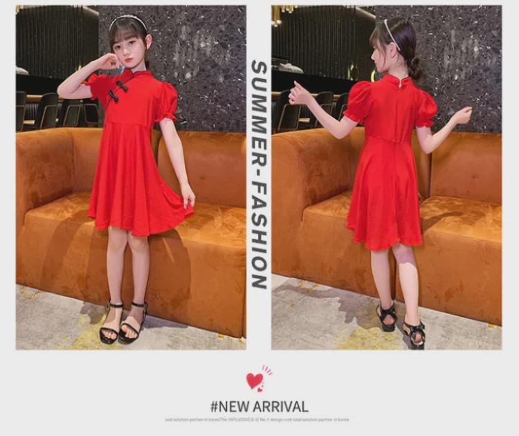 Letní dívčí čcheongsam: Čínský styl červené retro výkonové šaty