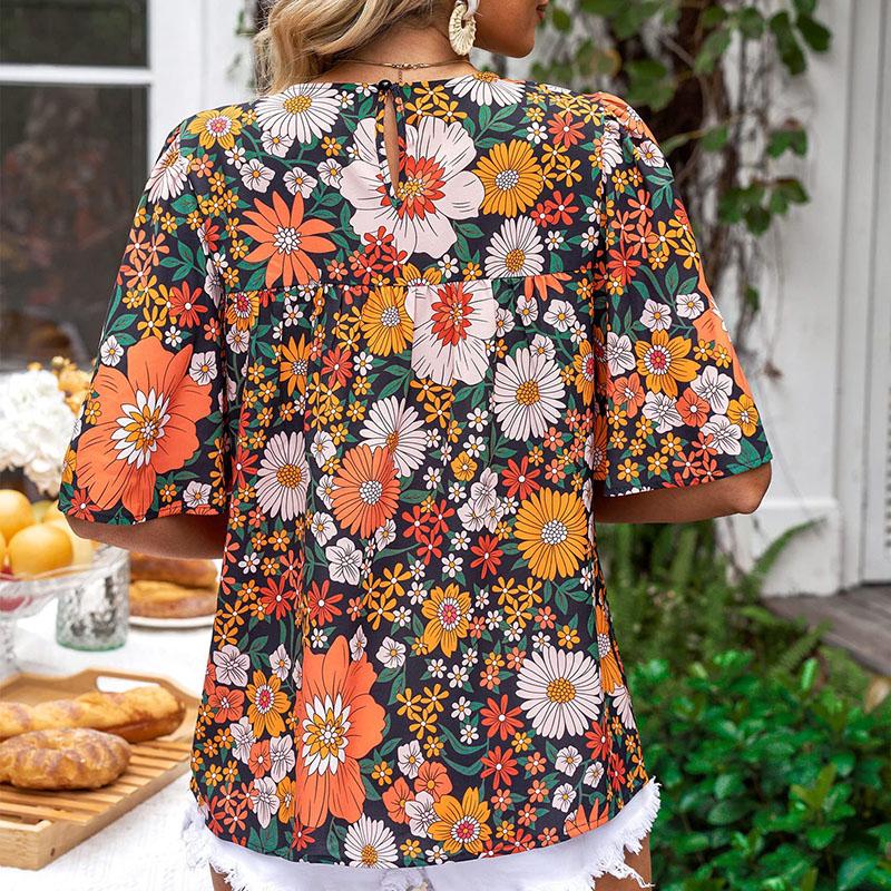Fashion Ladies Puff Sleeve O Neck Flower Printed Loose Pullover Shirt Blouse Top