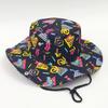 Klobouk Bucket Hat Široký okraj Barevný geometrický vzor Rybářský klobouk Bezpečnostní větruodolná šňůrka Přenosný skládací klobouk na ochranu před sluncem
