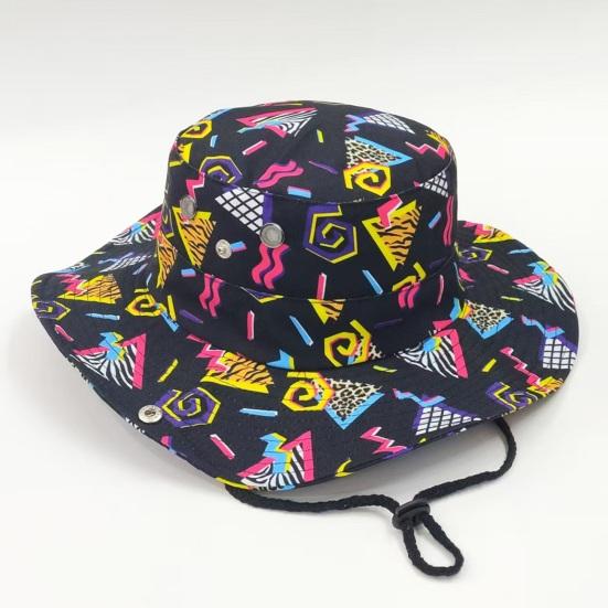 Klobouk Bucket Hat Široký okraj Barevný geometrický vzor Rybářský klobouk Bezpečnostní větruodolná šňůrka Přenosný skládací klobouk na ochranu před sluncem