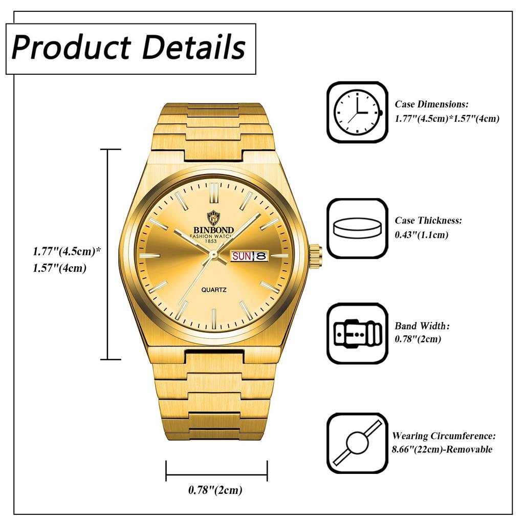 Analog Watch with Stainless Steel 3ATM Water Quartz and Colors Perfect for or As a Gift for Him Men's Case, Resistance, Calendar, Movement,