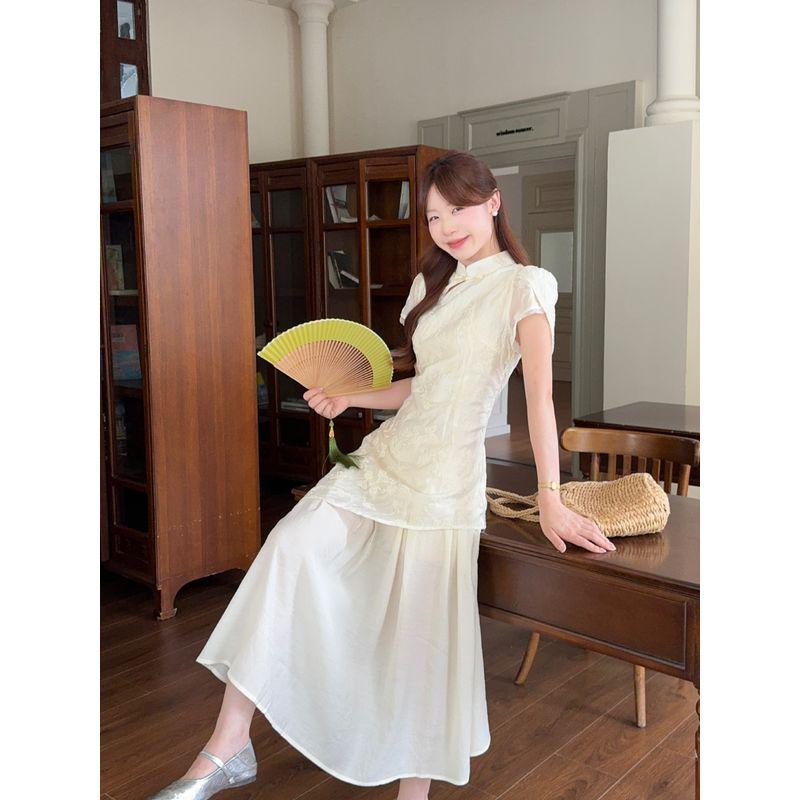 Kumikumi New Chinese Embroidery Hollow-out Short sleeve Dress Women Summer Age-Reducing Patchwork Waist Hugging A- line Skirt Long dress