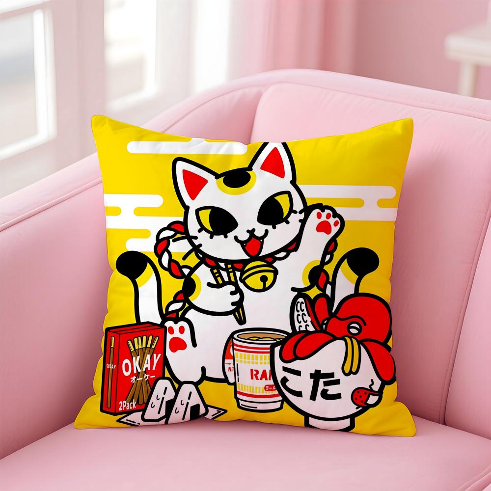 Rich Luck Maneki  neko Cushion Cover Linen Pillowcase Cover Soft Decor for Sofa Home Room