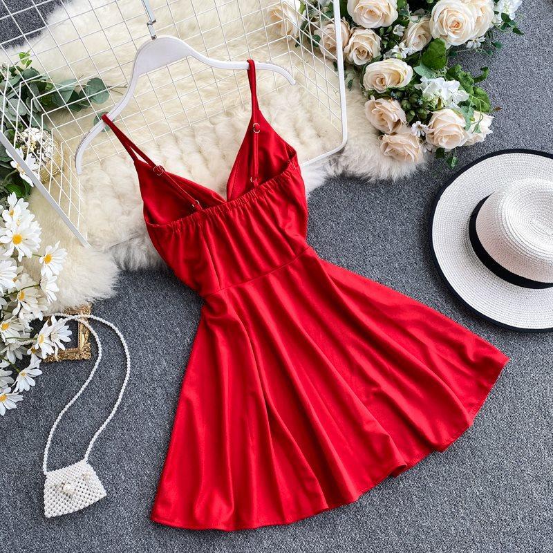 Spring Dress For Women V-Neck Open Back Waist-Cinching High-Waisted Slimming Solid Color Camisole Slip Dress A-Line Dresses