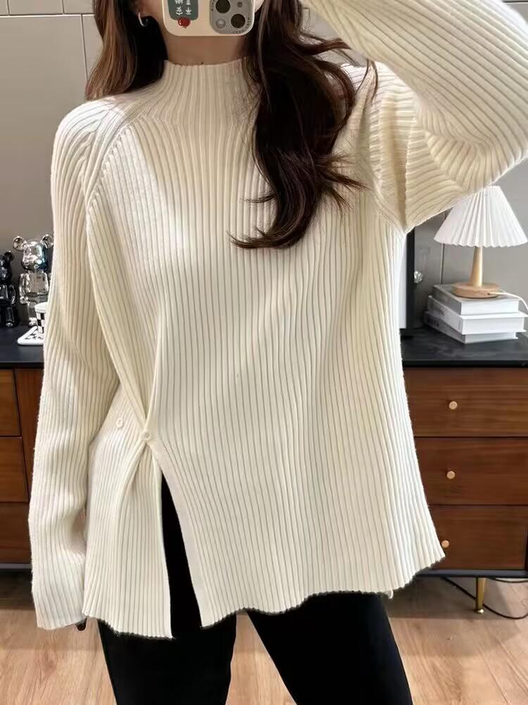 Women's Purple Ribbed Knit Semi-High Neck Sweater with Hem Side Slit - Slimming Spring/Summer Fashion Top