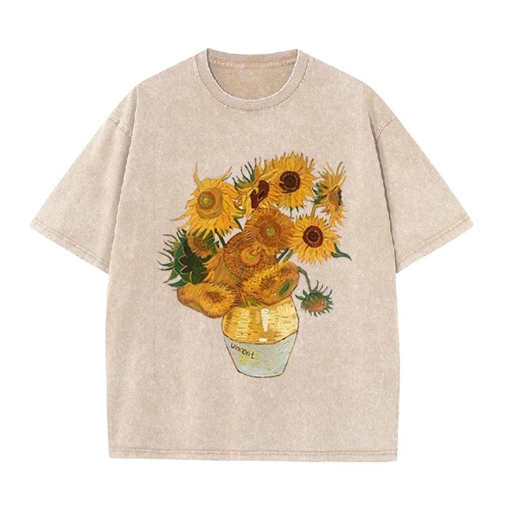 2026 Vintage Schwarz gewaschen Van Gogh Sonnenblumen Ölmalerei Grafik T-Shirt Retro Kunstdruck Übergroß Lässig Kurzarm Tee